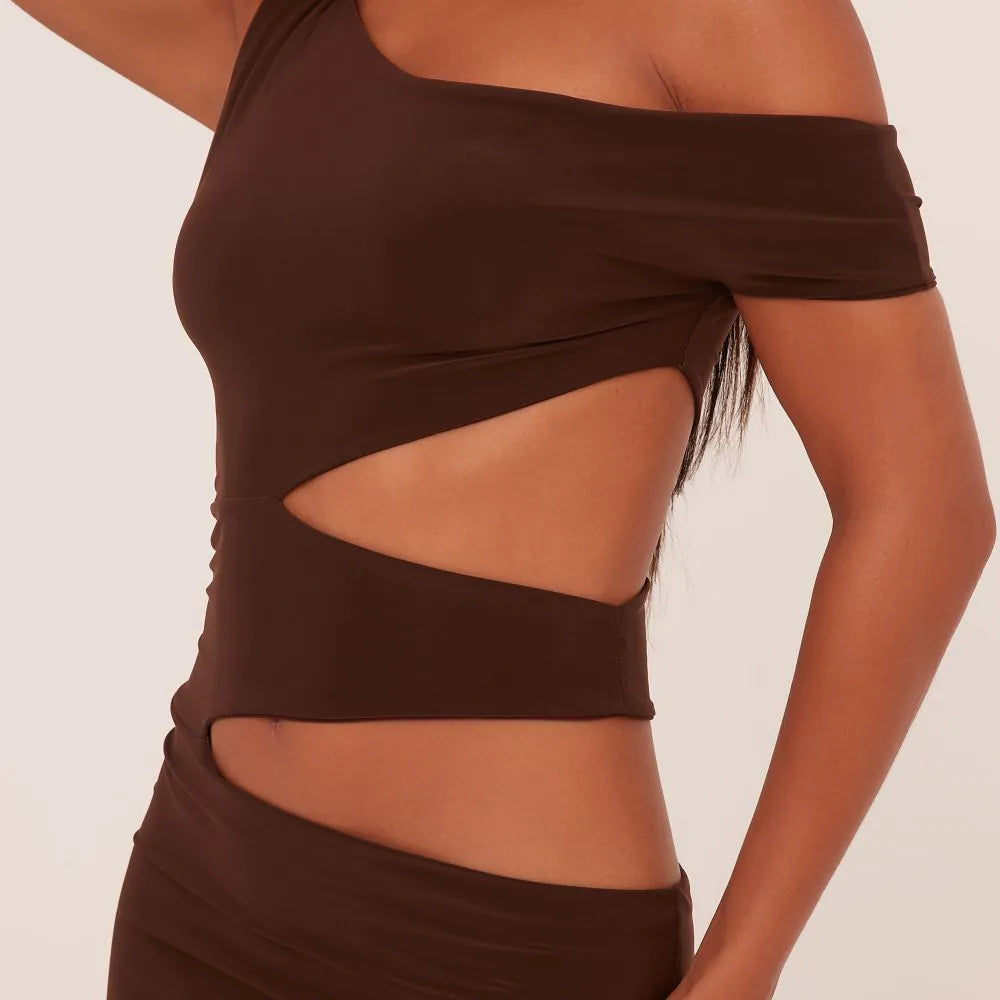 Asymmetric One Shoulder Cut Out Maxi Dress In Chocolate Brown Slinky