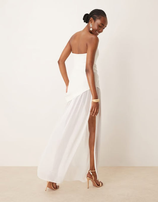 ASOS DESIGN structured bandeau maxi dress with chiffon thigh split skirt in ivory