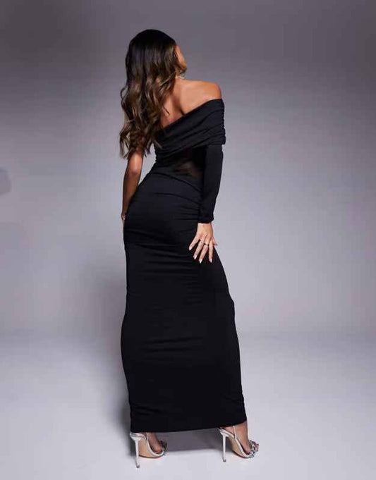 ASOS DESIGN asymmetric one shoulder maxi dress with mesh cut out in black