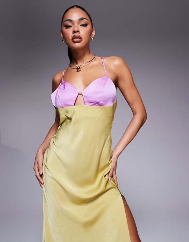 Asos Design satin cami maxi dress with colourblock