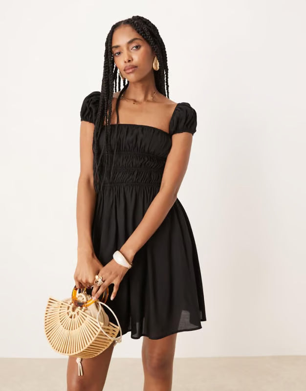 ASOS DESIGN square neck mini dress with cinched channel waist in black