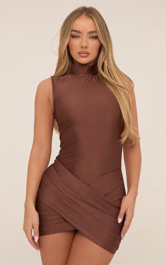 Ego - High Neck Sleeveless Cross Front Mini Bodycon Dress In Brown
