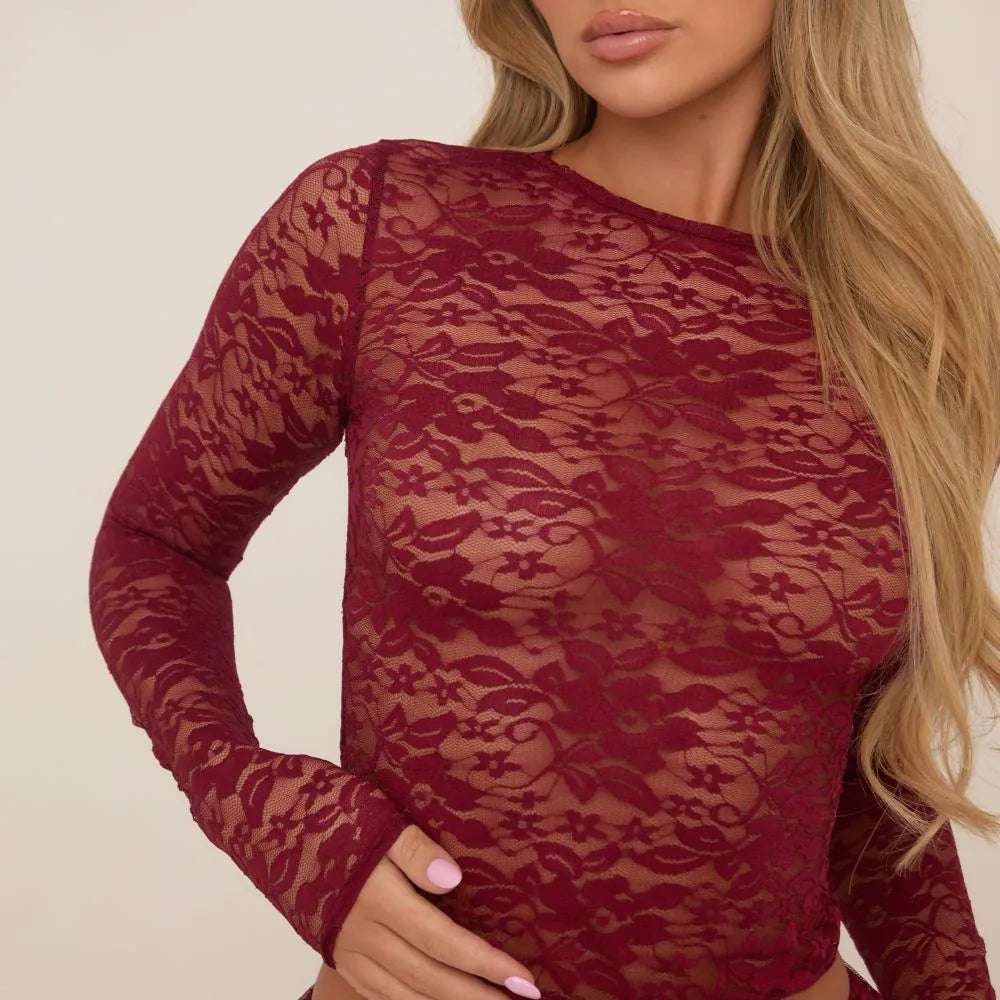 Long Sleeve Crew Neck Top In Burgundy Lace