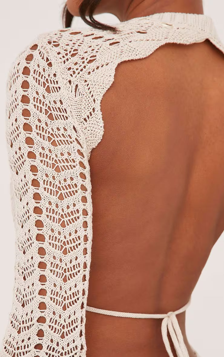 Ego - Long Sleeve Tie Open Back Mini Bodycon Dress In Stone Crochet Knit