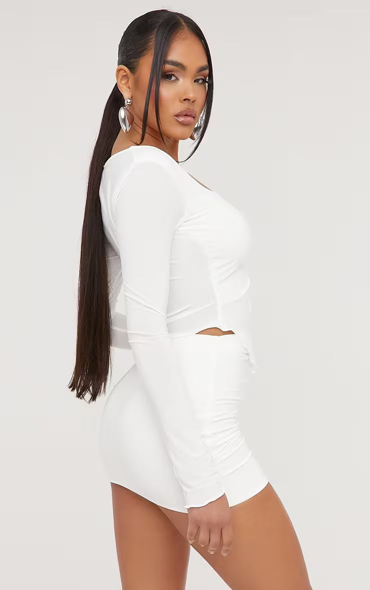 Ego - Low Rise Ruched Detail Mini Bodycon Skirt In Cream Slinky