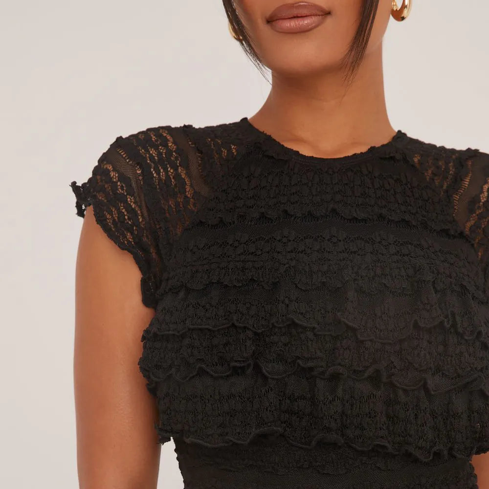 All Over Frill Raglan T-Shirt In Black Texture