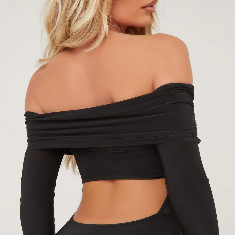 Bardot Long Sleeve Open Back Detail Split Hem Jumpsuit In Black Slinky