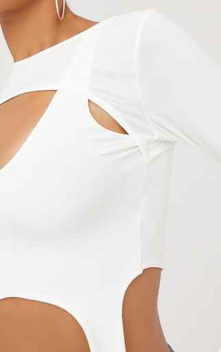 Ego - Long Sleeve Suspender Detail Double Layered Crop Top In Cream Slinky
