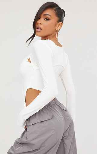 Ego - Long Sleeve Suspender Detail Double Layered Crop Top In Cream Slinky