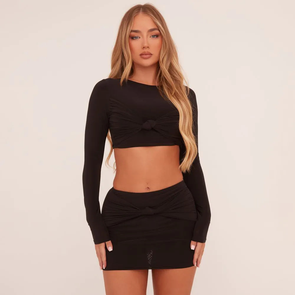 Long Sleeve Twist Bust Detail Crop Top And Skirt In Black