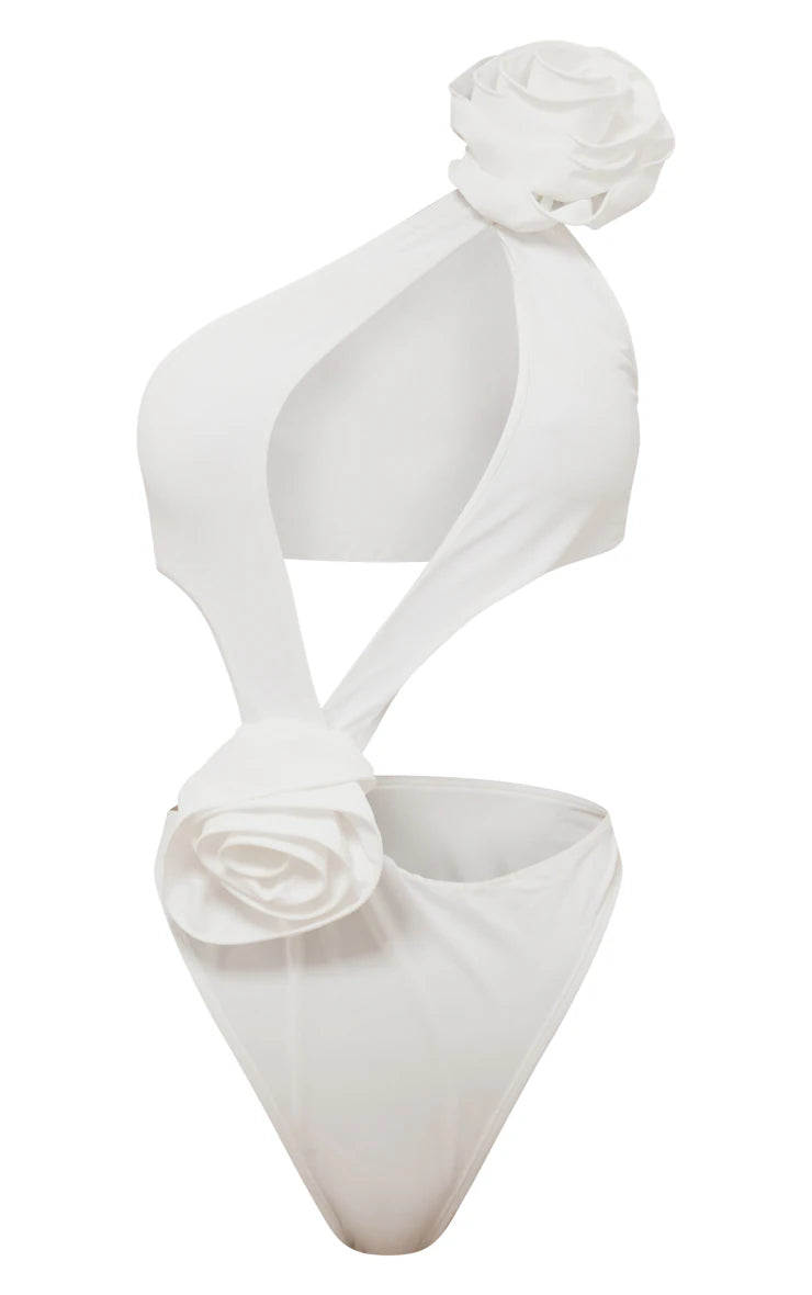 White Flower Detail Cut Out Asymmetric Swimsuit