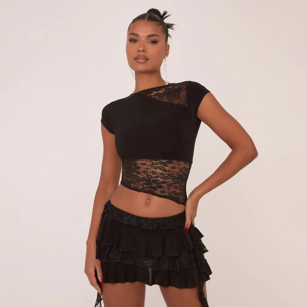 Short Sleeve Lace Detail Cropped T-Shirt In Black Slinky