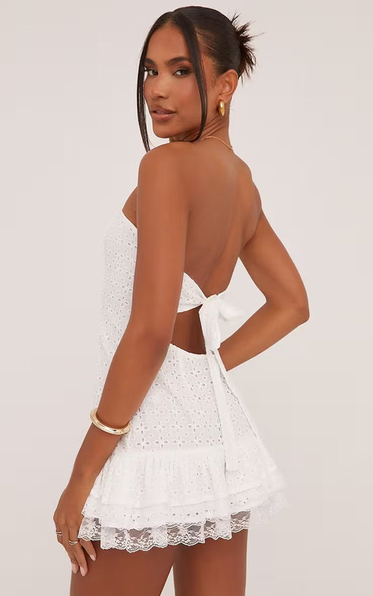 Ego - Bandeau Frill Hem Broderie Mini Dress In White