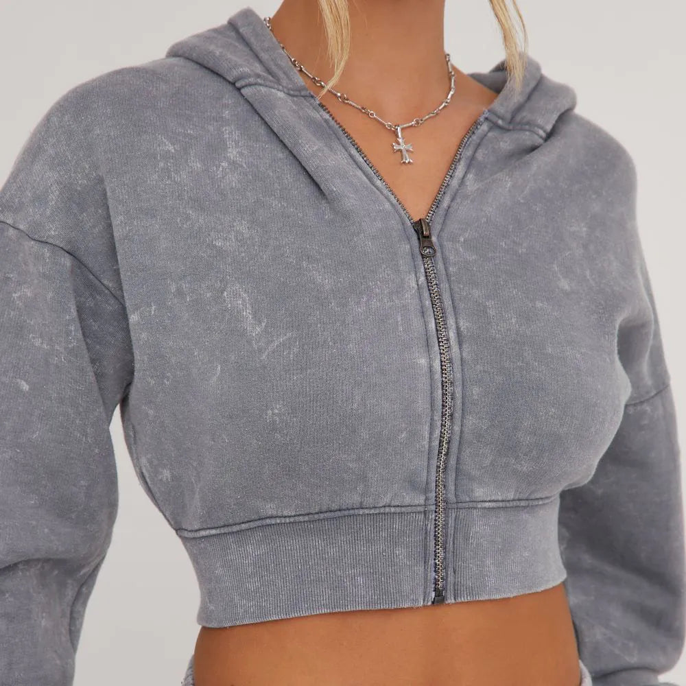 Long Sleeve Oversized Zip Detail Cropped Hoodie In Light Grey Acid Wash