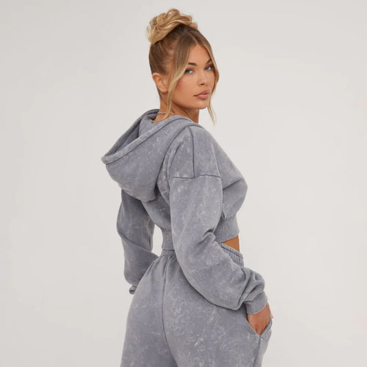 Long Sleeve Oversized Zip Detail Cropped Hoodie In Light Grey Acid Wash