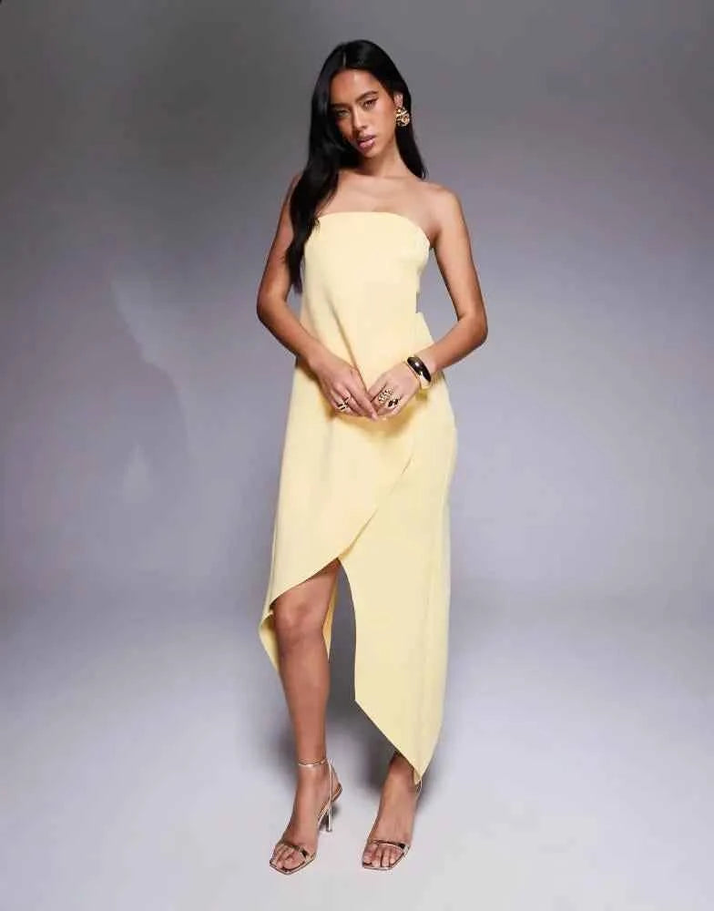 ASOS DESIGN minimal midi dress with wrap round body detailing in yellow scuba