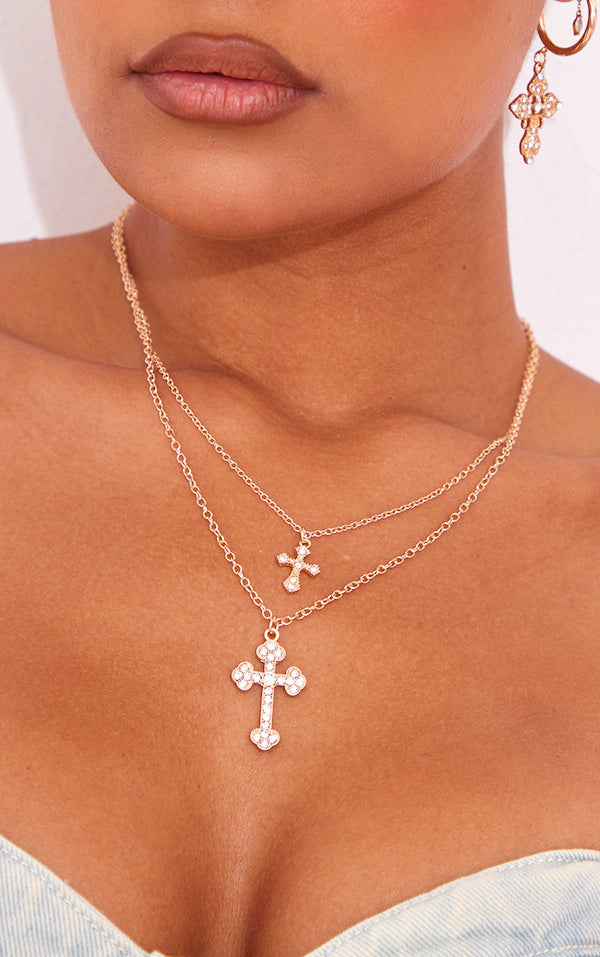 Gold Layered Chain Jeweled Cross Necklace