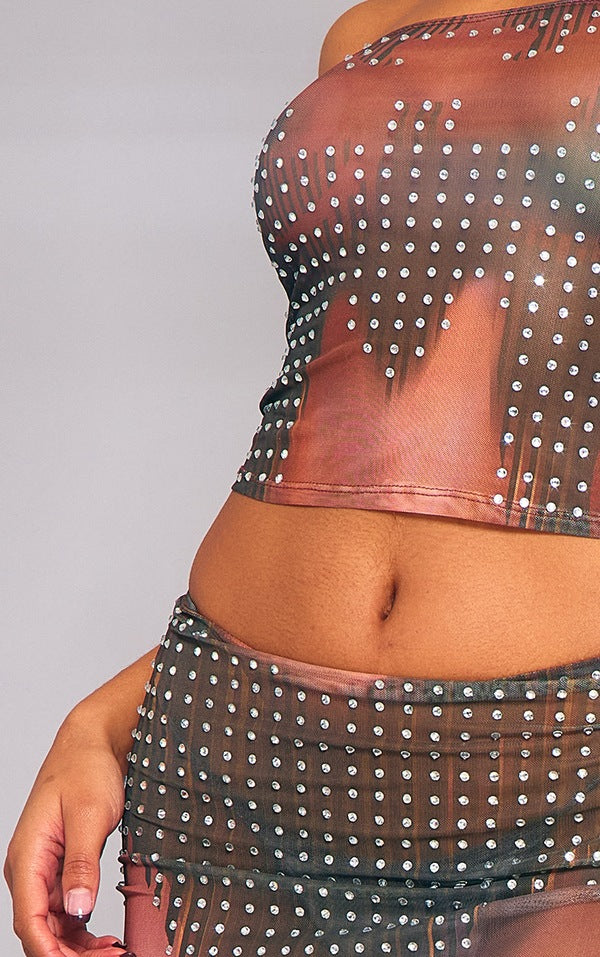 Brown Printed Mesh Diamante Hot Fix Bandeau Crop Top