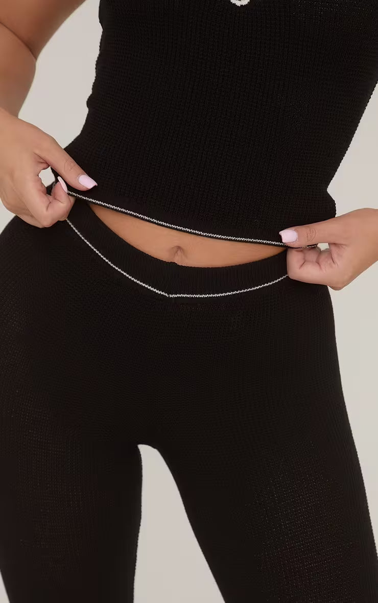 High Waist Skinny Flared Trousers In Black Waffle Knit