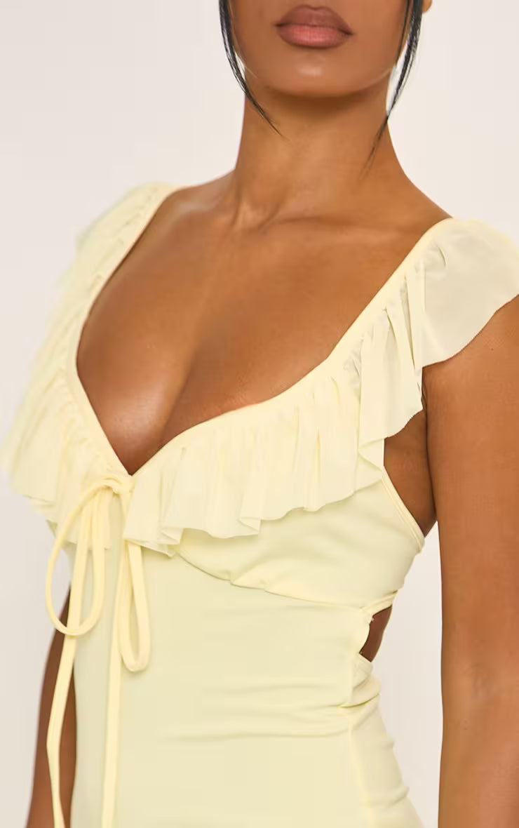 Plunge Front Open Back Frilled Maxi Dress In Yellow