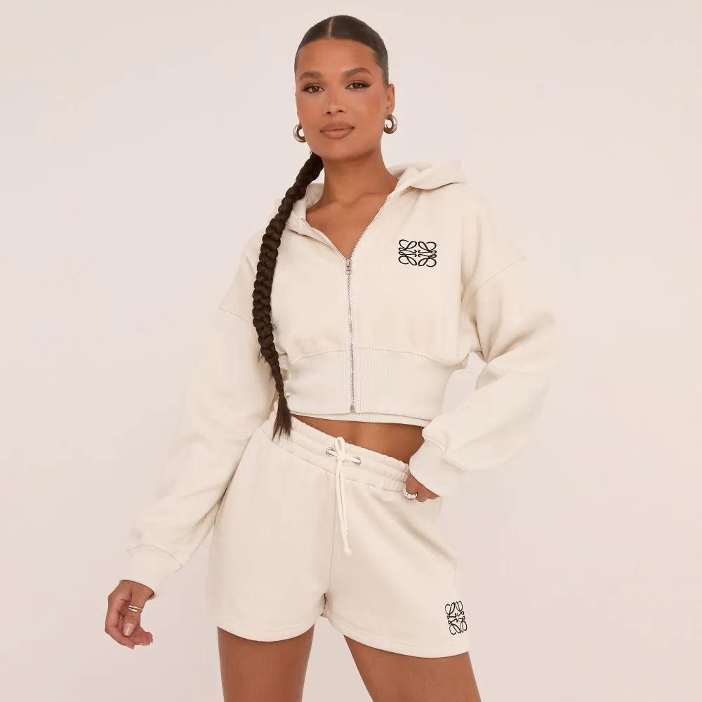 Swirl Graphic Detail Cropped Hoodie In Stone