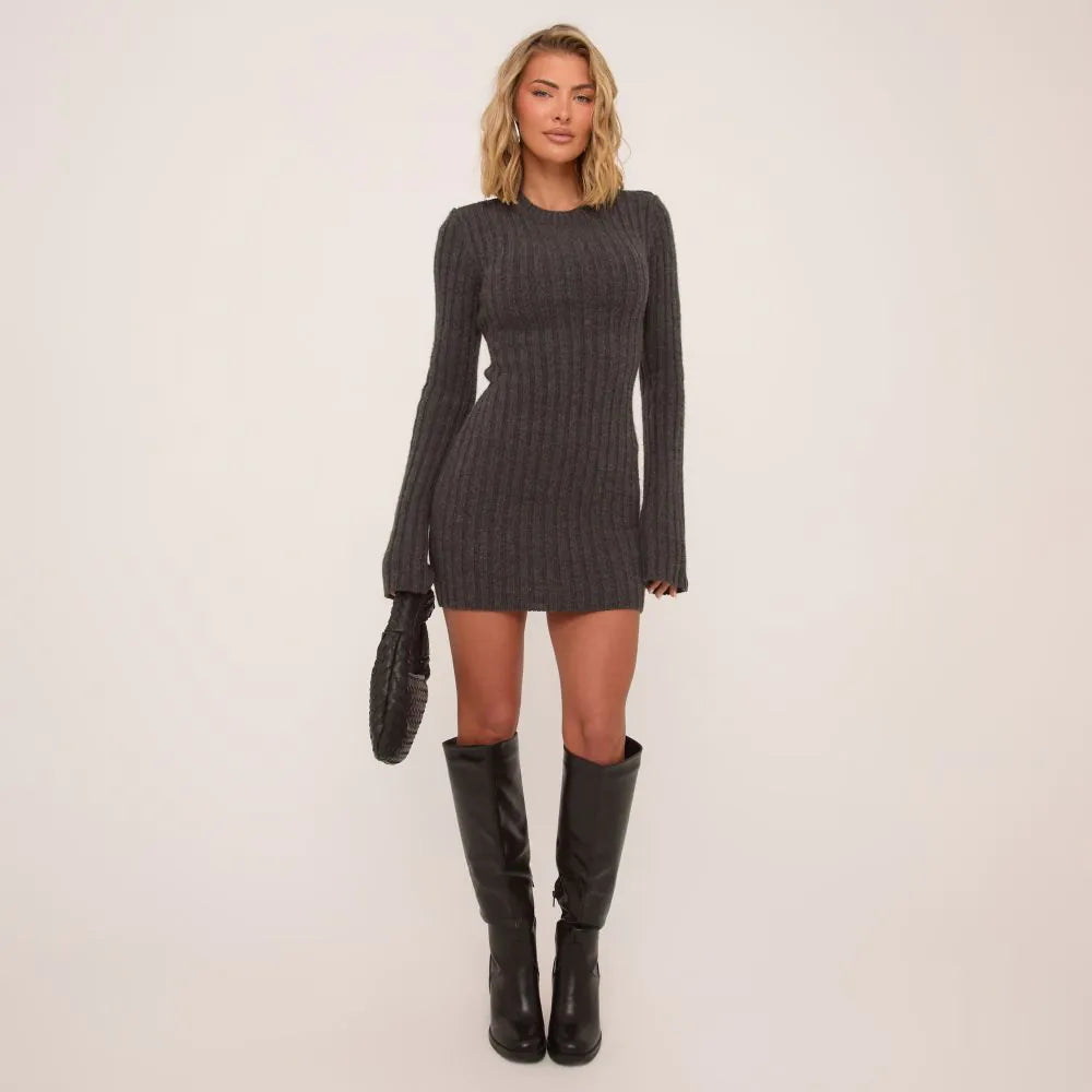 LONG SLEEVE OPEN BACK MINI DRESS IN CHARCOAL GREY FLUFFY KNIT