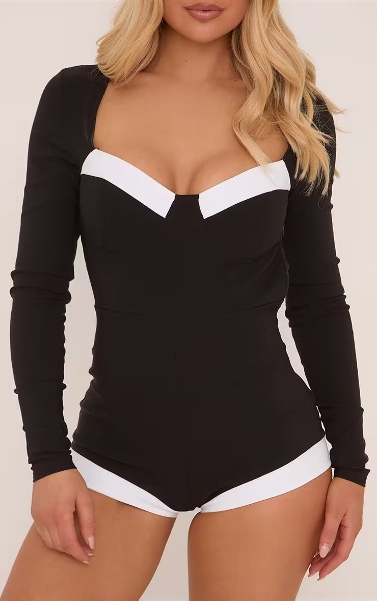 Long Sleeve Contrast Trim Micro Mini Playsuit In Black