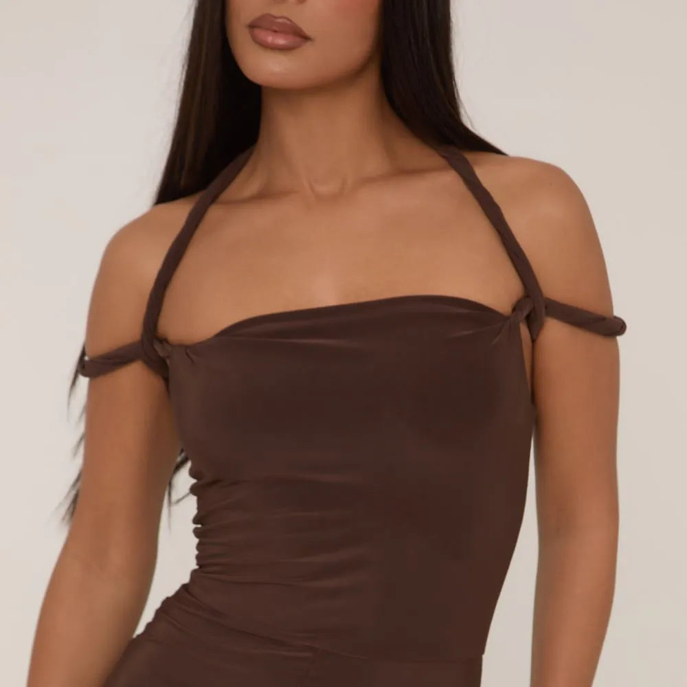 Square Neck Twist Rope Detail Straight Leg Jumpsuit In Chocolate Brown