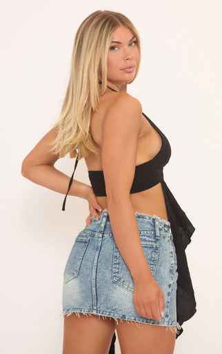 Ego - Halterneck Keyhole Cut Out Frill Hem Top In Black