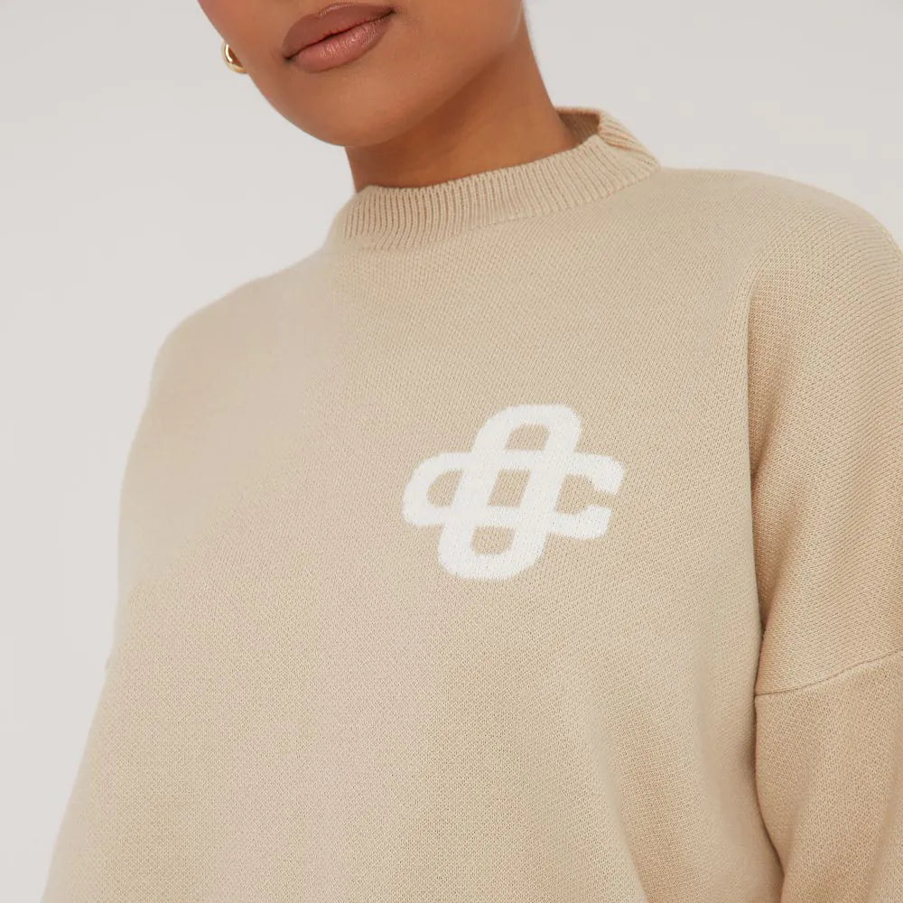 High Neck Oversized Contrast Swirl Detail Sweatshirt In Stone Knit