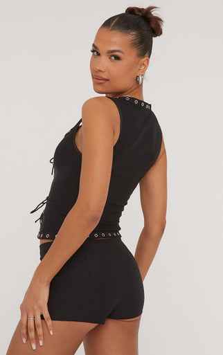 Ego - Low Rise Booty Shorts In Black Woven