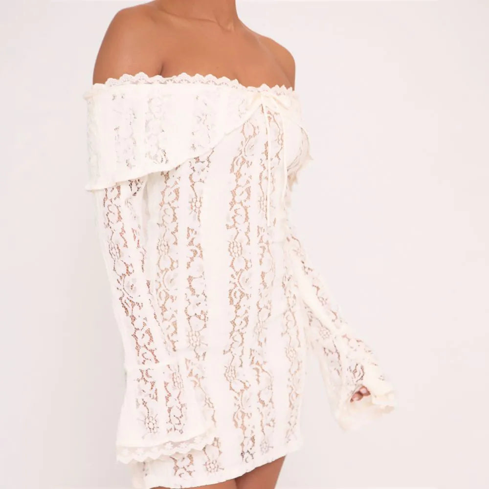 Long Sleeve Foldover Bardot Detail Mini Dress In White Lace