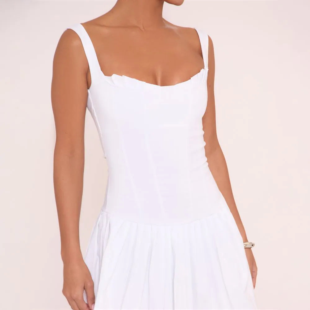 Square Neck Pleated Detail Mini Skater Dress In White