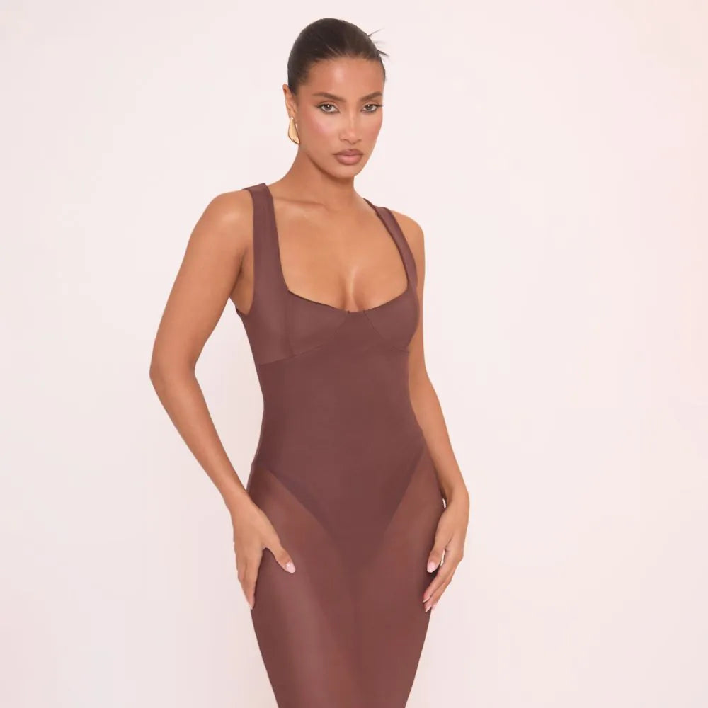 Scoop Neck Bodysuit Insert Dress In Brown Mesh