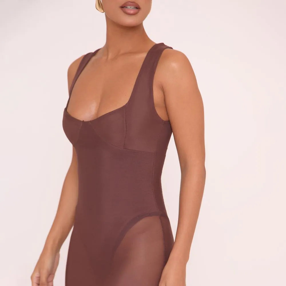 Scoop Neck Bodysuit Insert Dress In Brown Mesh