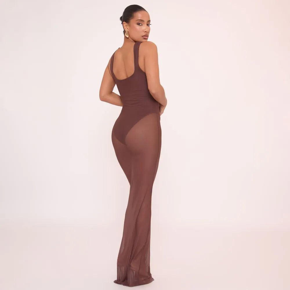 Scoop Neck Bodysuit Insert Dress In Brown Mesh