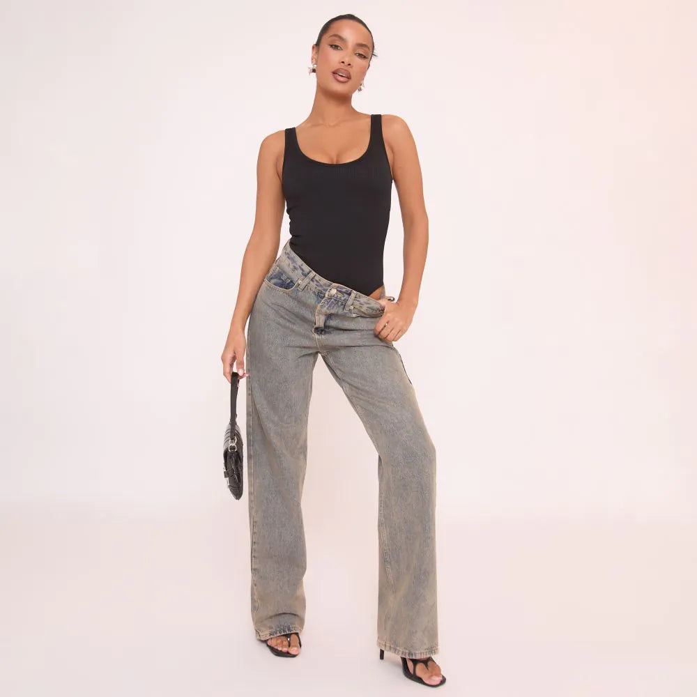 Scoop Neck Bodysuit In Black Ribbed