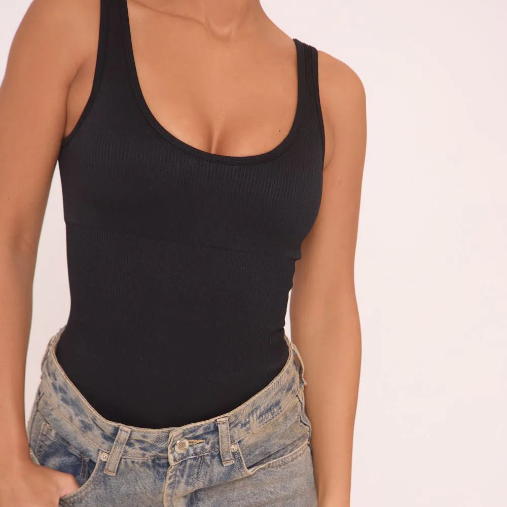 Scoop Neck Bodysuit In Black Ribbed