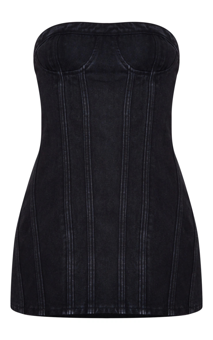 Washed Black Seam Front Denim Mini Dress