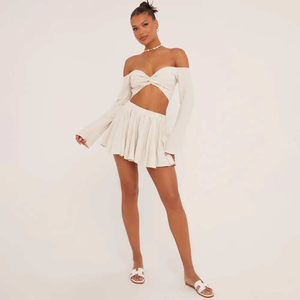 Flared Sleeve Bardot Knot Front Crop Top In Stone Linen