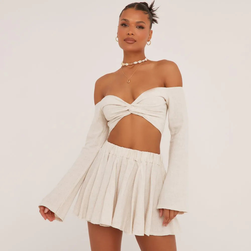 Flared Sleeve Bardot Knot Front Crop Top In Stone Linen