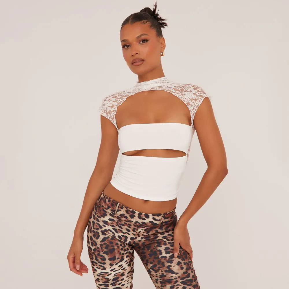 Lace Insert High Neck Short Sleeve Slashed Underbust Top In White Slinky