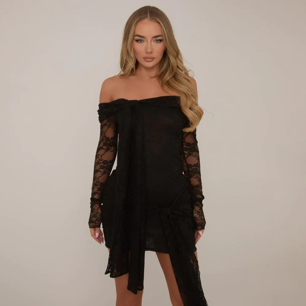 Long Sleeve Bardot Double Draped Detail Mini Dress In Black Lace