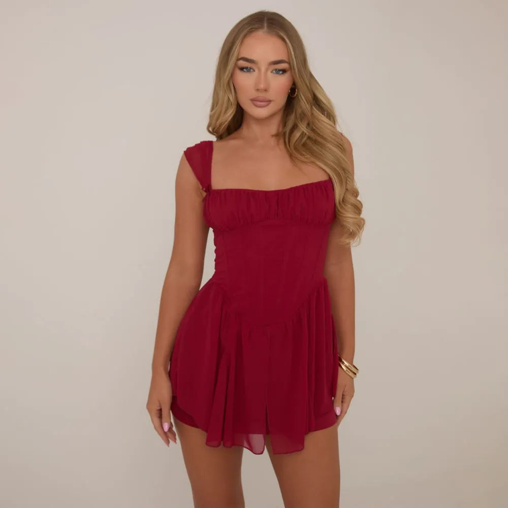 Square Neck Ruched Bust Corset Mini Dress In Burgundy