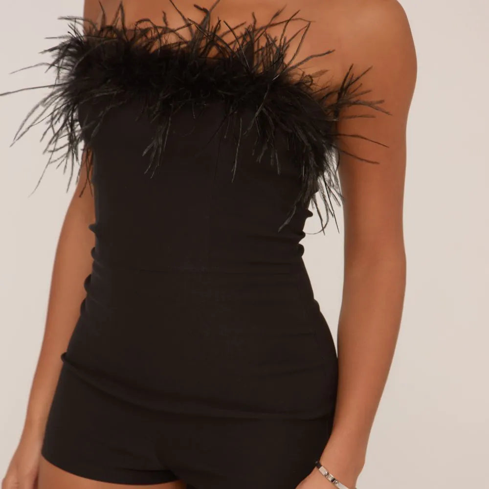 Bandeau Faux Feather Trim Detail Playsuit In Black
