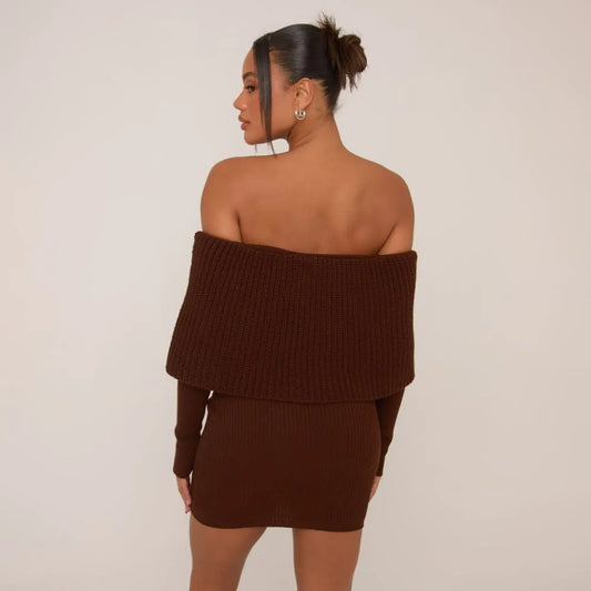 Extreme Fold Over Bardot Mini Bodycon Dress In Chocolate Brown Knit