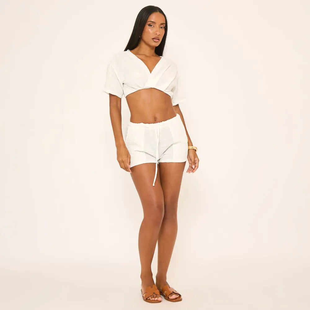 Drawstring Waist Shorts In White Linen