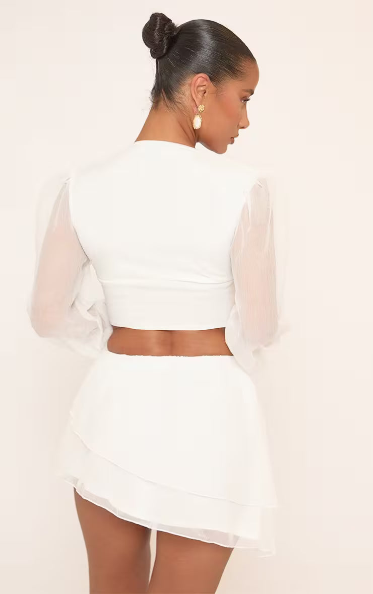 Long Puff Sleeve V Neck Corset Top In Cream Woven