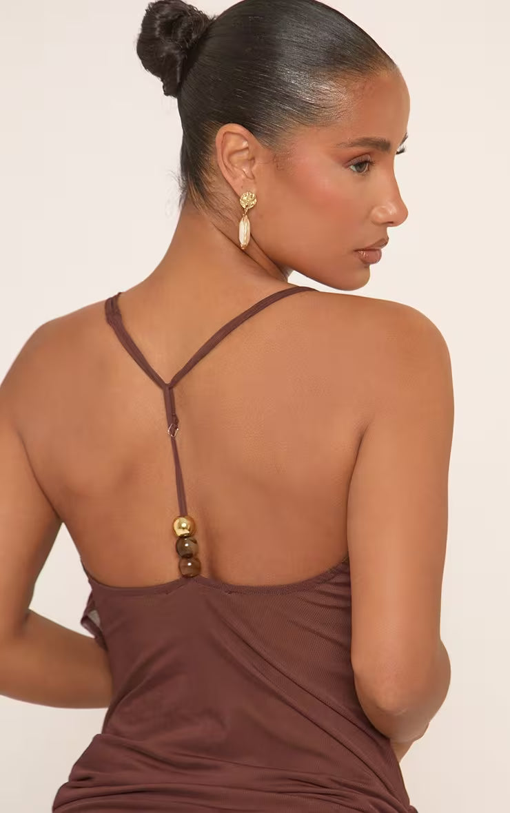 Ego - Cowl Front Beaded Strap Ruched Mini Dress In Brown