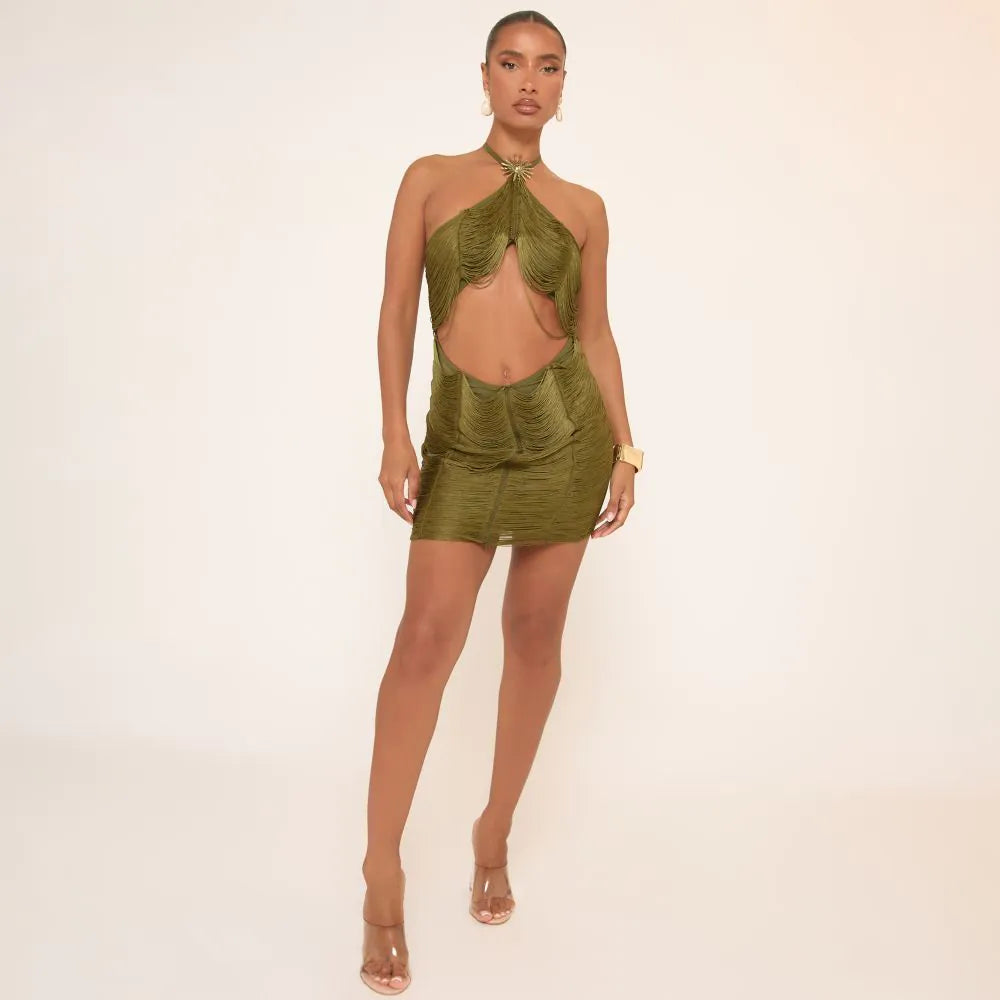 Halterneck Draped Tassel Detail Mini Dress In Green